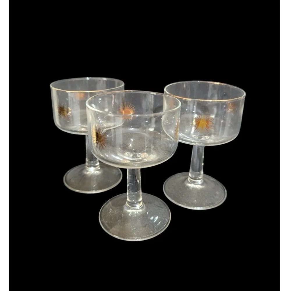 Vintage Mid Century Gold Atomic Starburst Coupe Champagne Glasses Set of 3